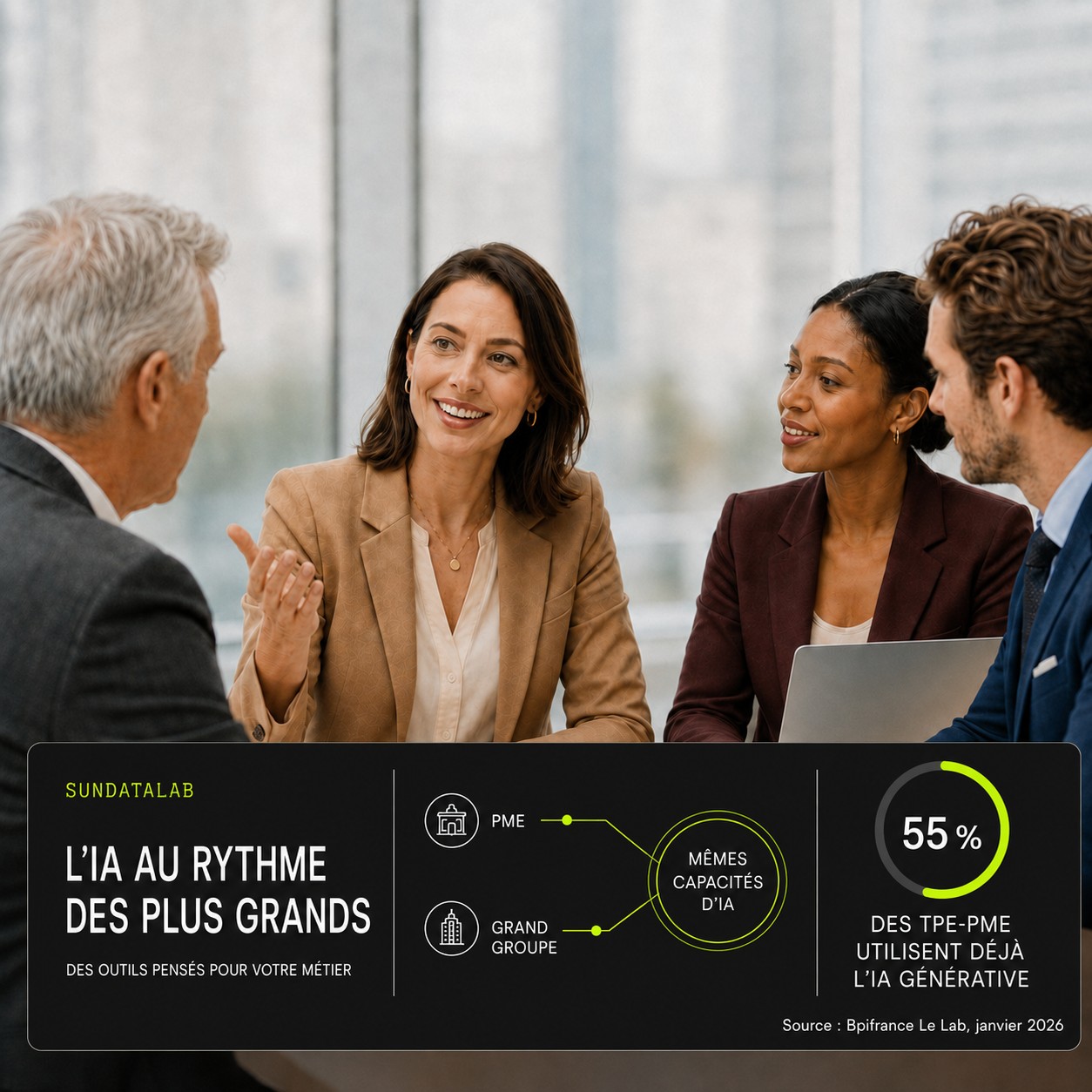 Quatre dirigeants échangent autour d'une table, avec un encart « L'IA au rythme des plus grands » : PME et grand groupe reliés aux mêmes capacités d'IA, et 55 % des TPE-PME qui utilisent déjà l'IA générative