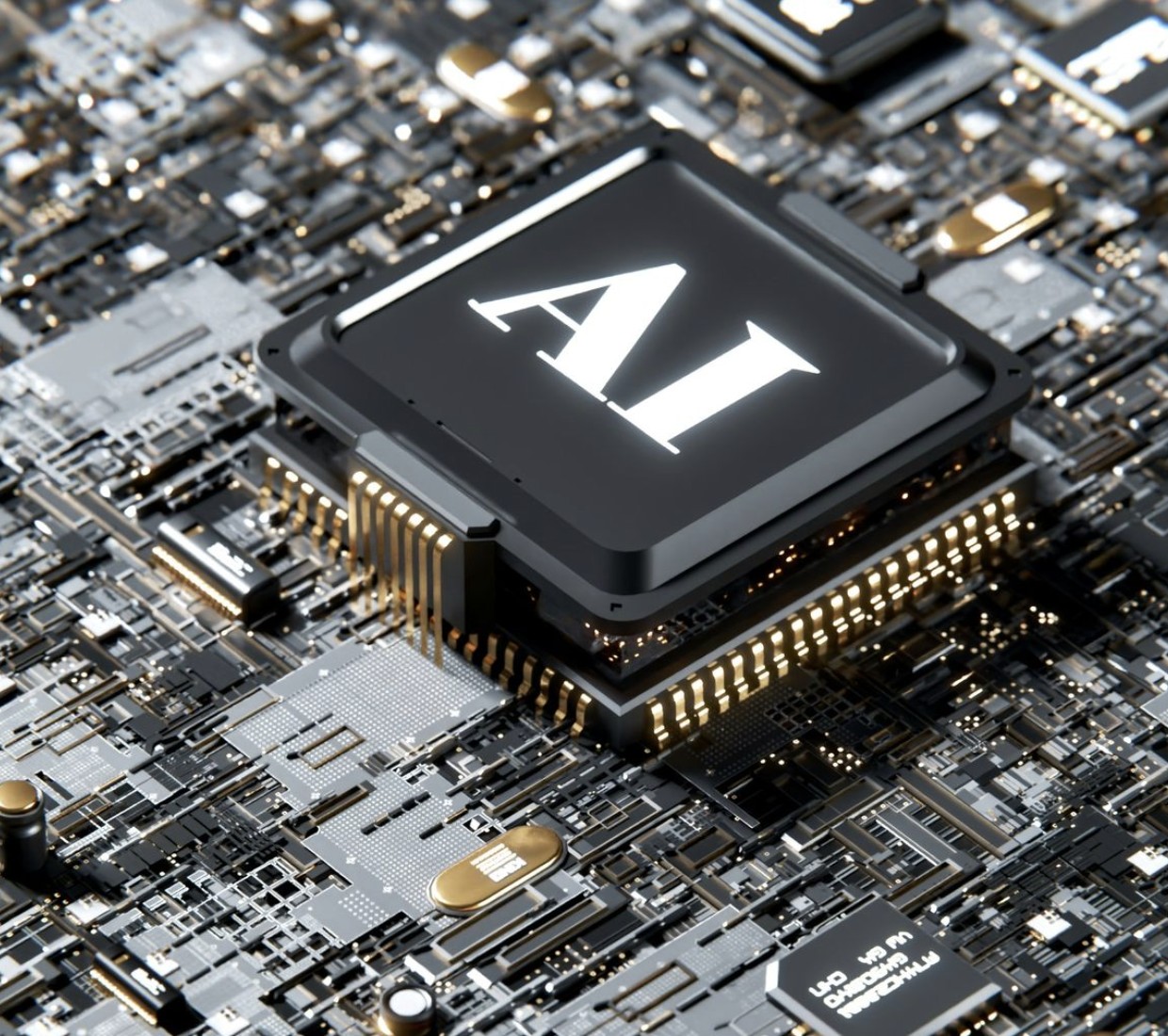 Composant électronique gravé du symbole AI, en gros plan sur un circuit imprimé