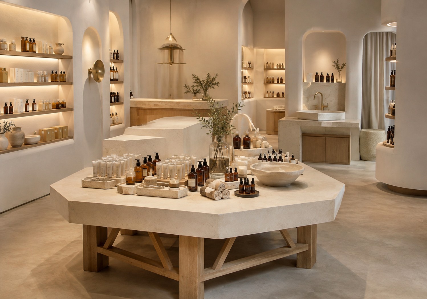 Intérieur d'une boutique de cosmétiques et de soins, présentation des produits sur des présentoirs en pierre claire