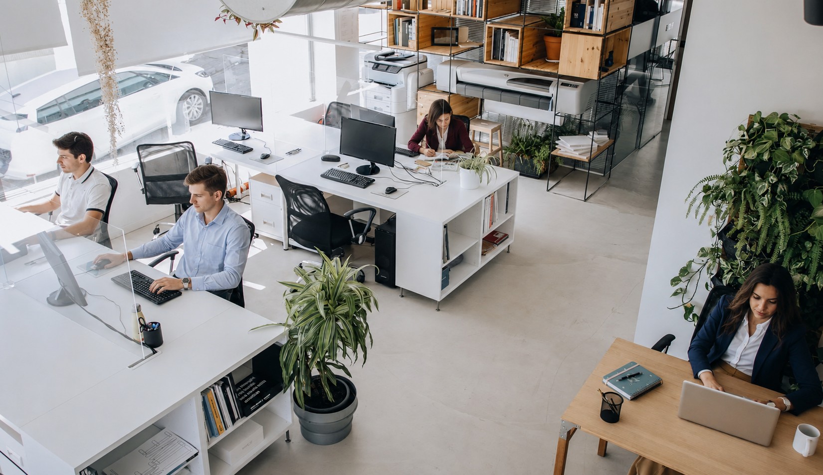 Équipe au travail dans un openspace, plusieurs postes équipés d'écrans et d'outils numériques