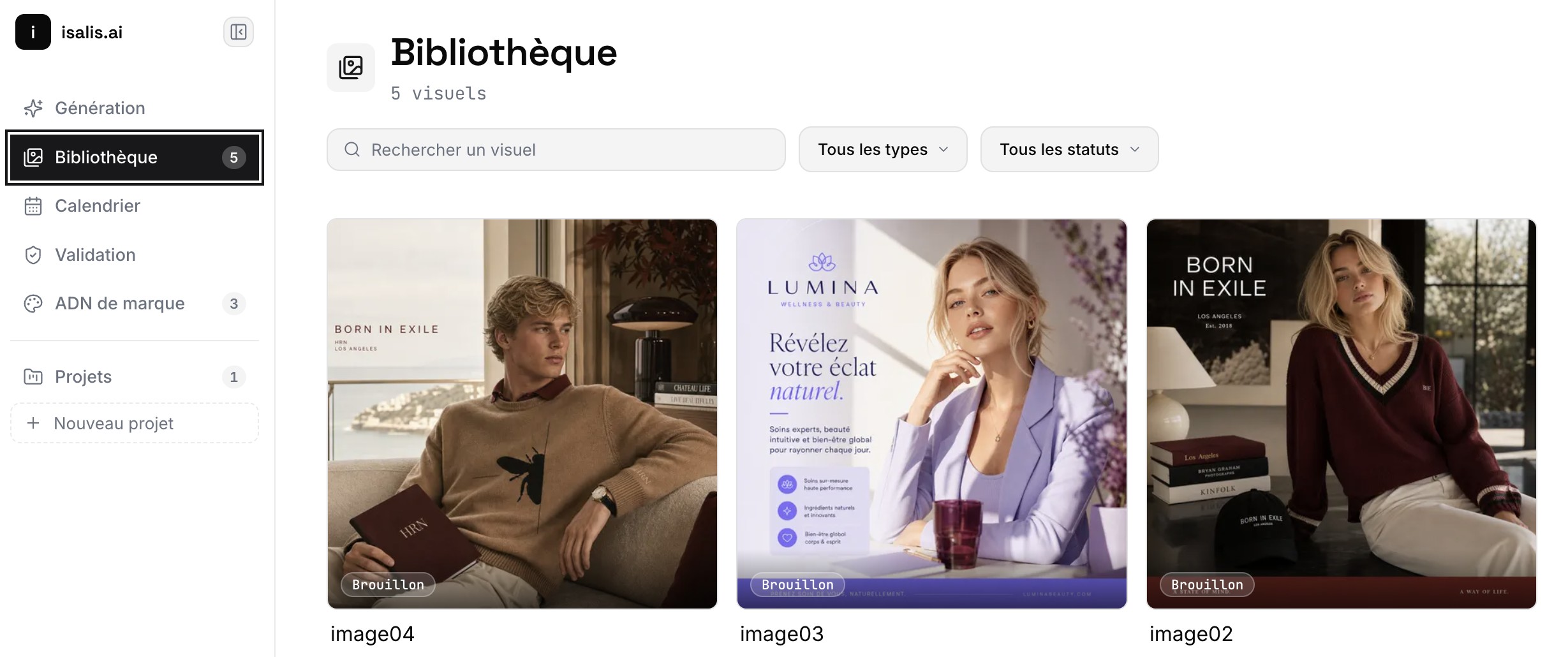 Bibliothèque de visuels générés par Isalis pour plusieurs marques clientes