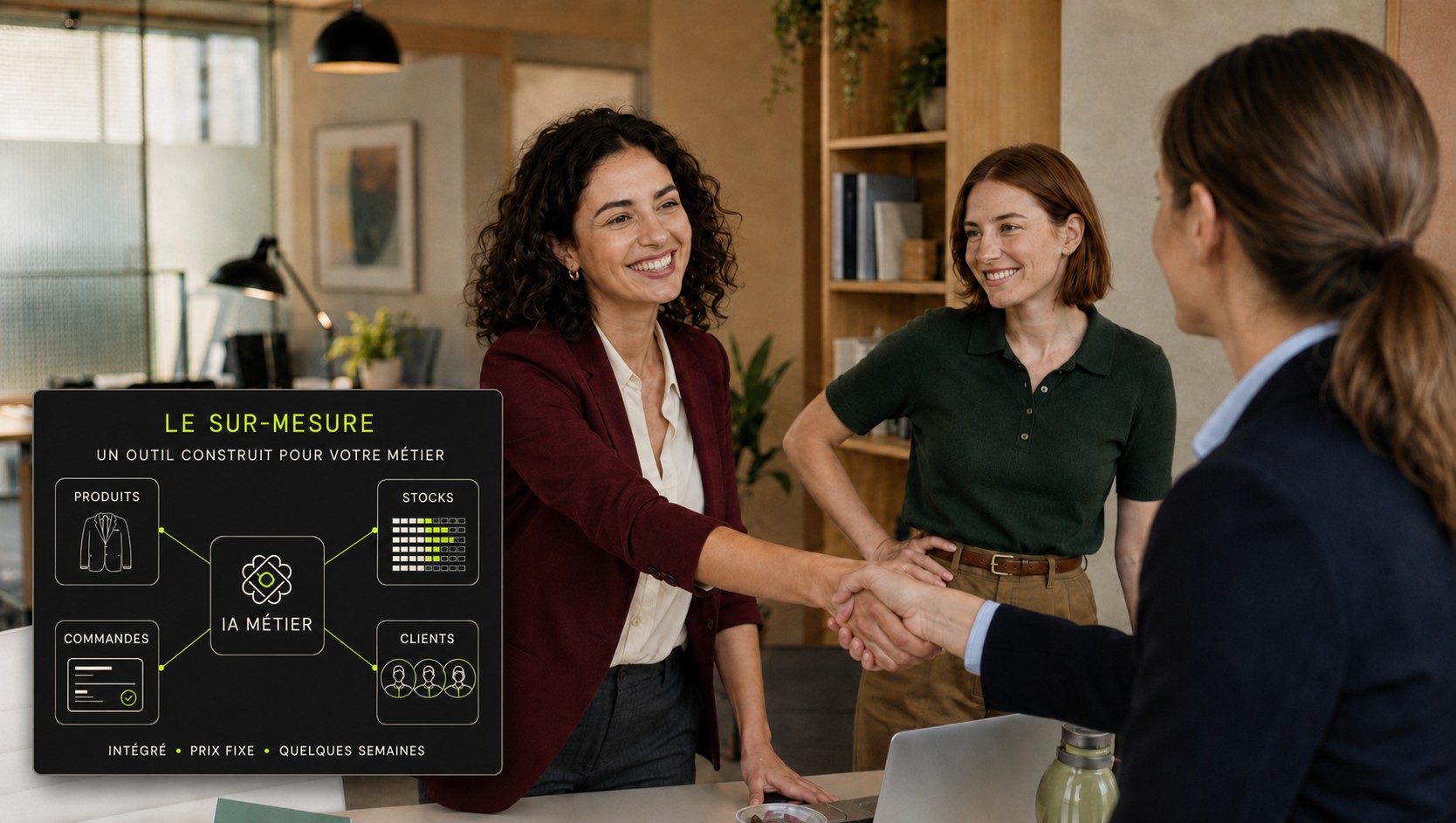 Un outil sur mesure Sundatalab présenté lors d'une signature client : produits, stocks, commandes et clients réunis autour d'une IA métier